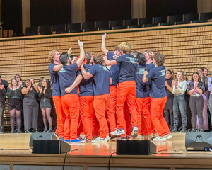 The Otto Tunes celebrate on stage after finding out they placed second at the International Championship of Collegiate A Cappella. The group is heading to the semifinals in Buffalo, NY on March 9.
